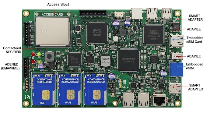 embedded pcb iot architecture for access cards, sim esim modules, smart adapters