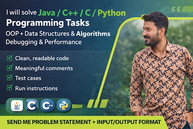 help with java, cpp, c and python programming, oop and dsa