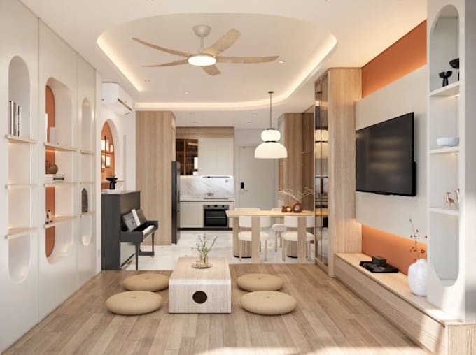 convert 2d to 3d apartment interior design cgi render for modern house office