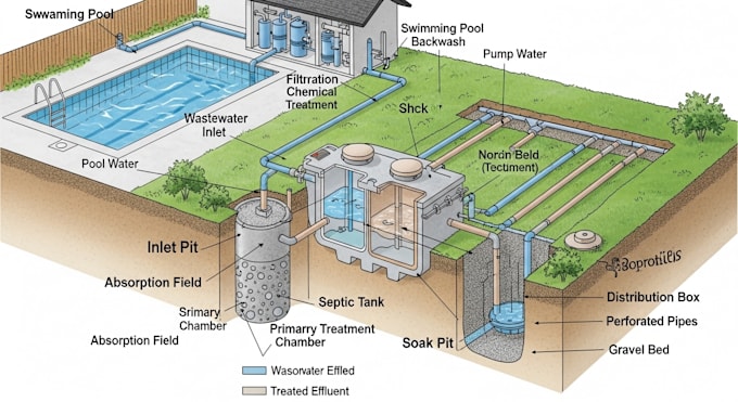 Ontwerp een afvalverwerkingssysteem, zwembad, soak pit en absorptieveld
