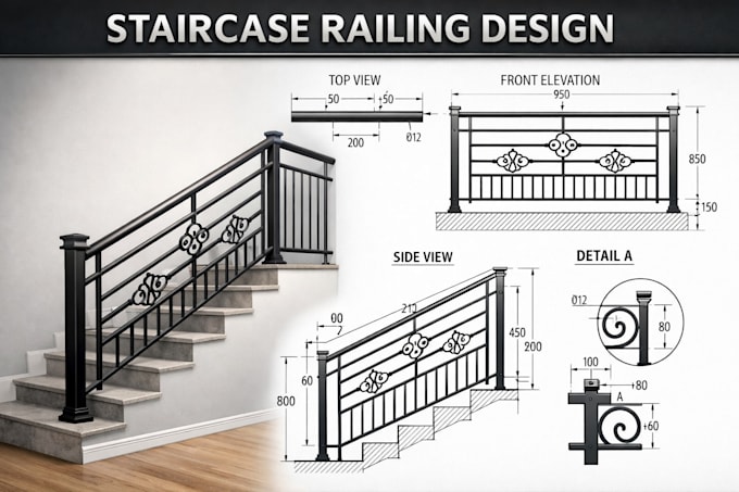 Design staircase railings with fabrication ready 2d cad drawings by ...