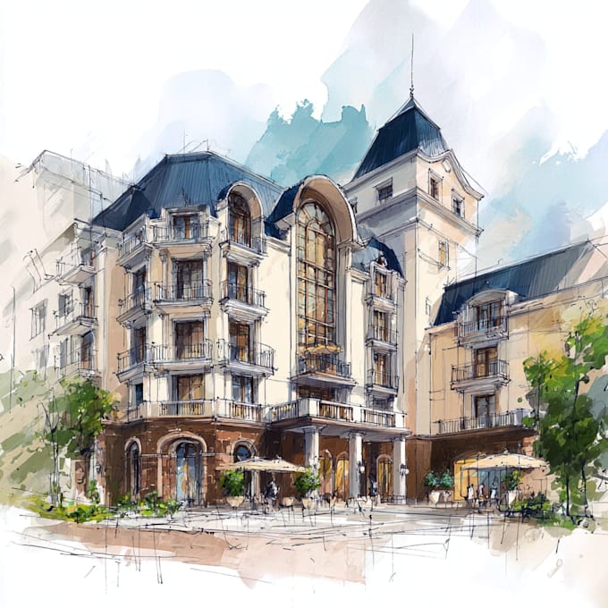 Sketch architecture building or houses with watercolour rendering by ...