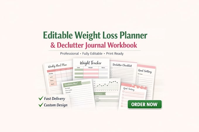 design professional editable weight loss planner and declutter journal workbook