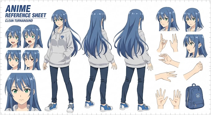 create an anime character reference sheet with clean turnaround