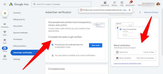 do google ads business operation verification
