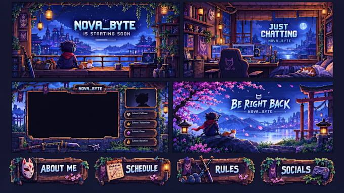 create a cozy animated pixel art stream overlay package for twitch