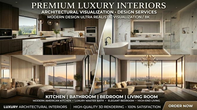 do realistic 3d interior kitchen, bedroom, bathroom and living room rendering