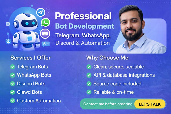 develop clawdbots, telegram bots, whatsapp bots, discord bots web bot