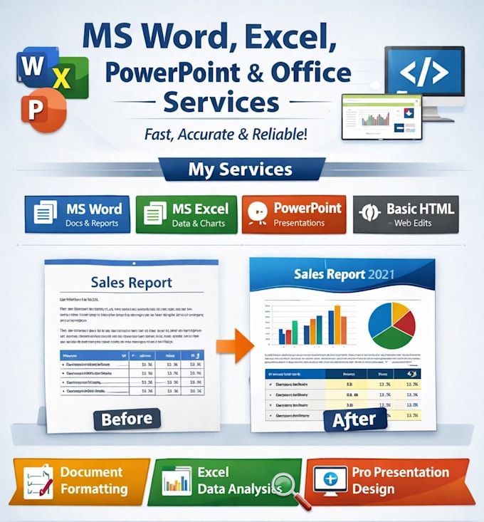 do professional ms word, excel, powerpoint, and office tasks with accuracy