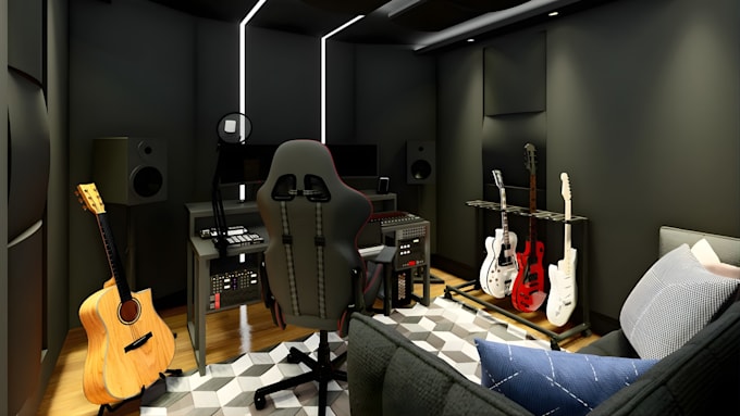 design 3d studio space for streaming, recording,  media and podcast