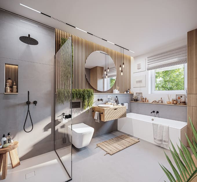 model and render 3d bathroom interior realistic design, 2d floor plan,wc, toilet