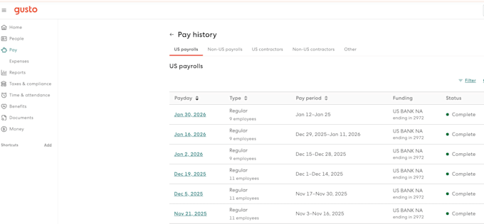 run US payroll, handle w2, 1099 and payroll using gusto