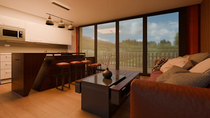 design a modern container interior for home, cafe, or office in 3d