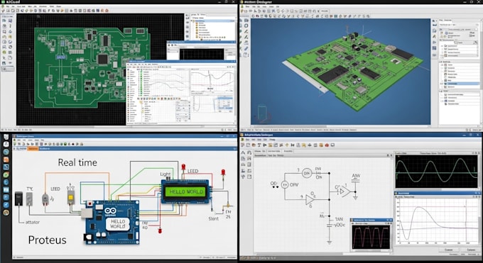 design schematic pcb and simulate circuits using kicad altium, proteus, multisim