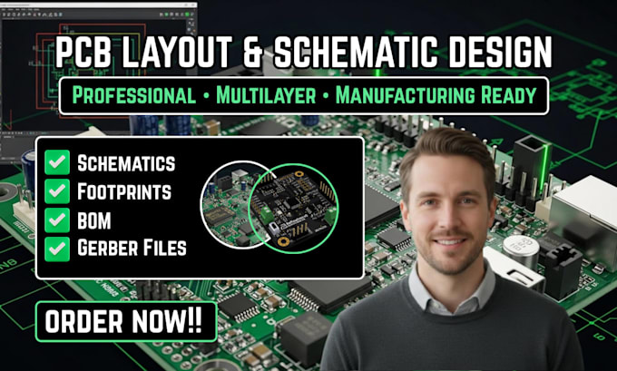 design pcb layout with schematic, footprints, bom, gerber files, docs files