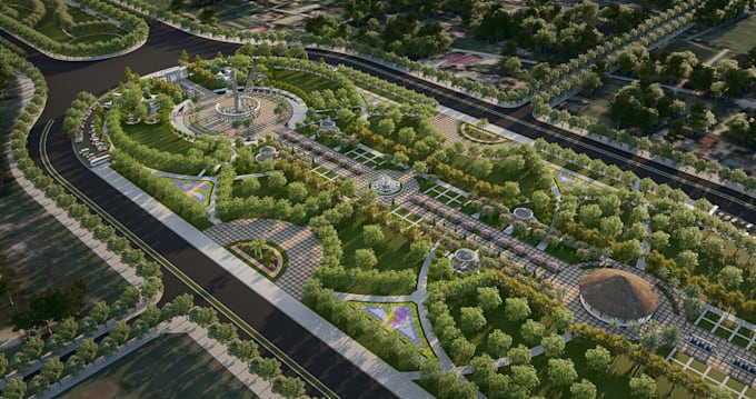 relayout 3d urban park, public playground design, community landscape rendering