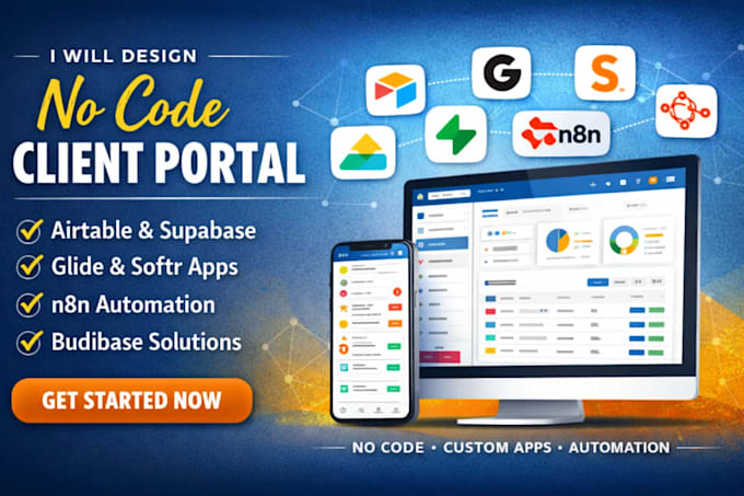 design no code client portal with airtable glide softr supabase n8n budibase