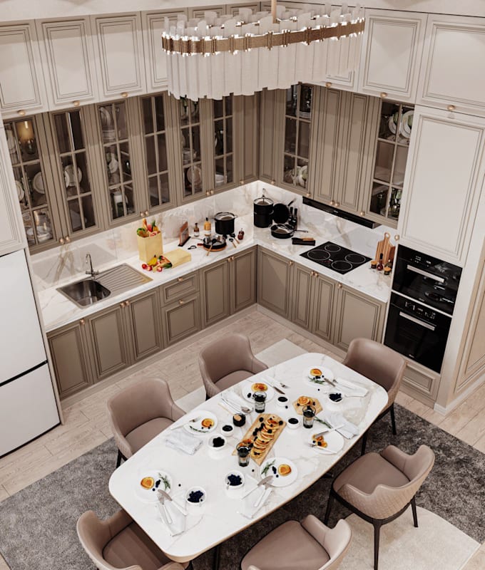 create design a modern  kitchen with  realistic 3d renders