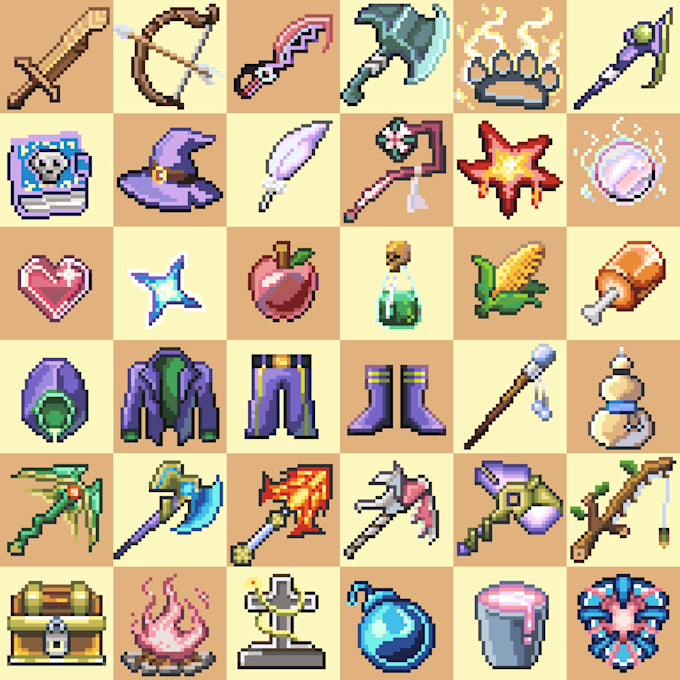 pixel art items, icons for your game