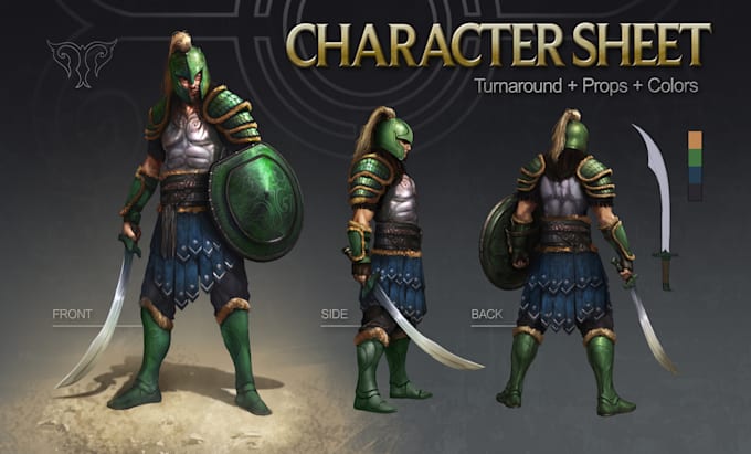 create a character sheet turnaround with props and colors