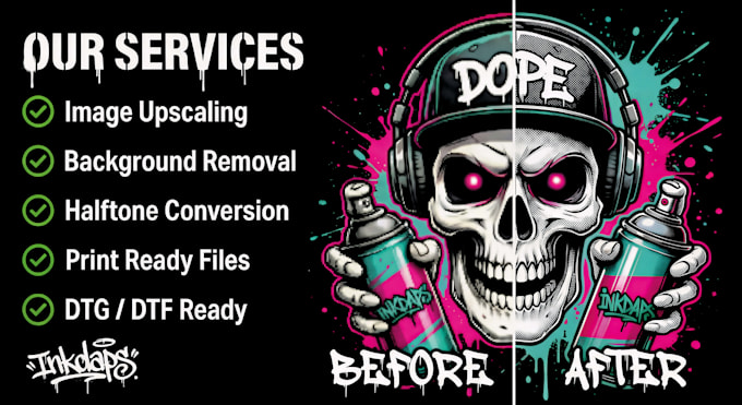 do image upscaling background removal halftones  dtg dtf print ready designs
