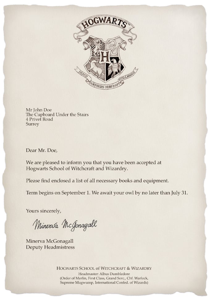 design a personalized Harry Potter Hogwarts Acceptance Letter