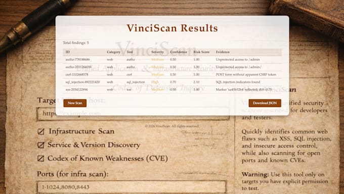 run a lightweight website security scan and deliver a json report