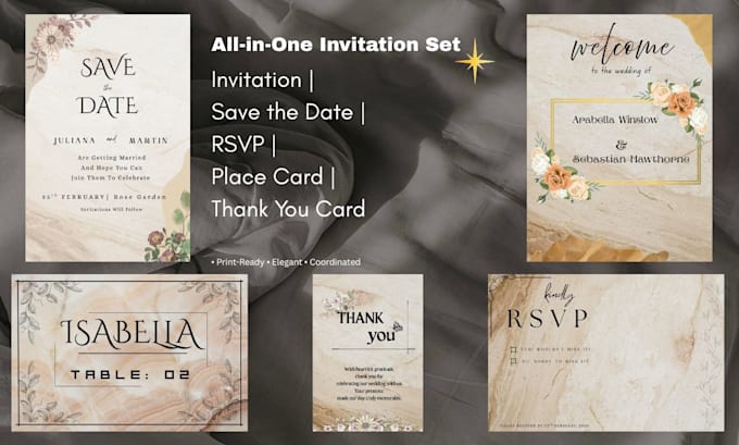 design elegant wedding invitations, welcome signs, and custom cards