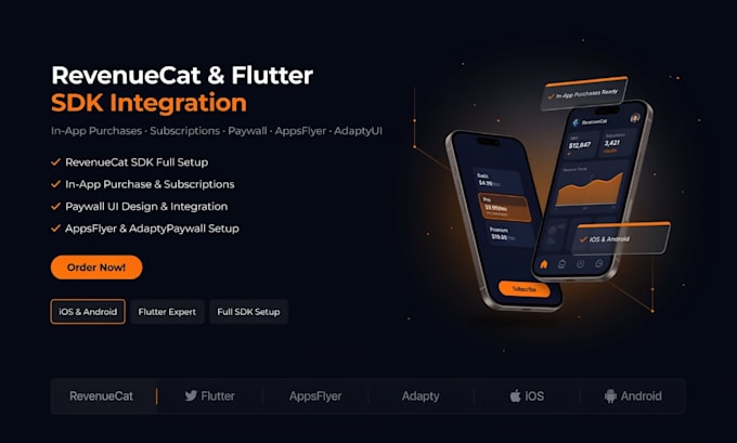 design and integrate revenuecat, appsflyer, adapty paywall, sdk into flutter app