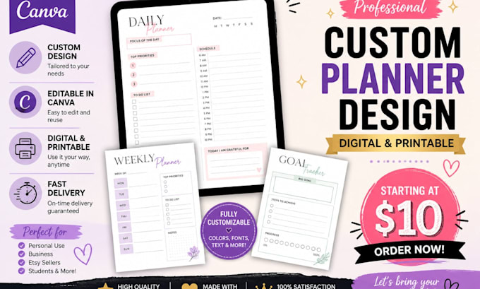 design a custom digital or printable planner template in canva