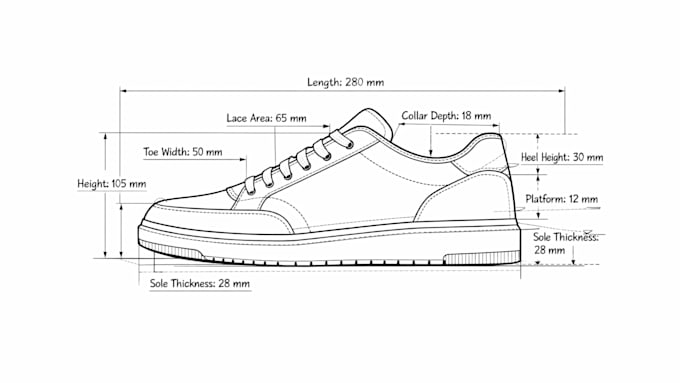 create professional shoe tech tech pack, footwear cad and technical drawing
