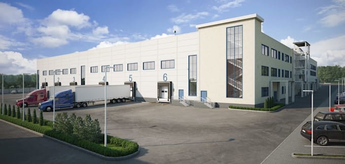 3d cgi warehouse exterior,industrial retail develop,site plan render,walkthrough