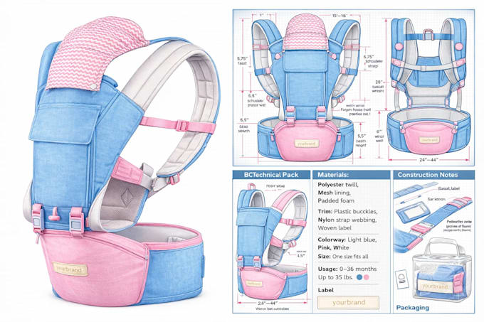 design baby carrier, pet carrier with detailed fashion tech pack and 2d drawing