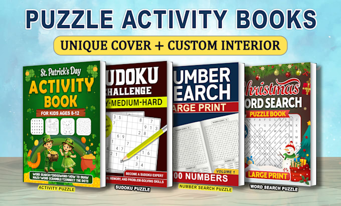 create professional puzzle activity book cover with interior for amazon KDP