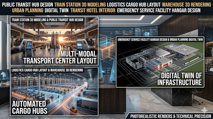 public transit hub design train station 3d modeling logistics cargo hub layout