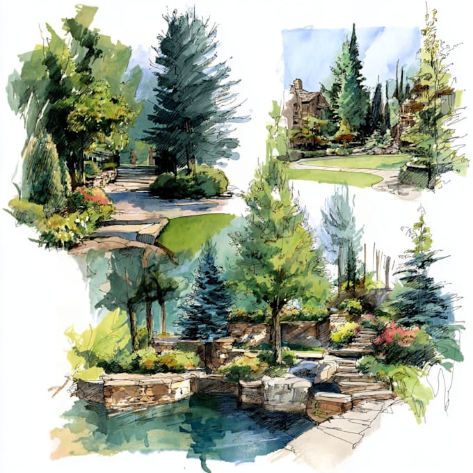 draw architecture and landscape architectural watercolor drawing