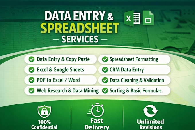 do data entry, excel, and google sheets services