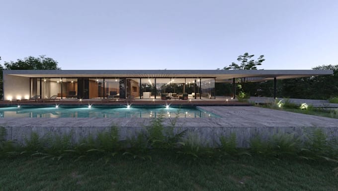 reimagine 3d planar house exterior, single level villa, section plan,pool render
