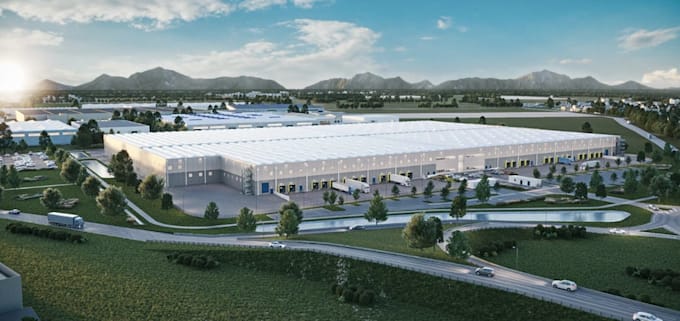 provide 3d industrial retail,cgi warehouse exterior,commercial site plan render