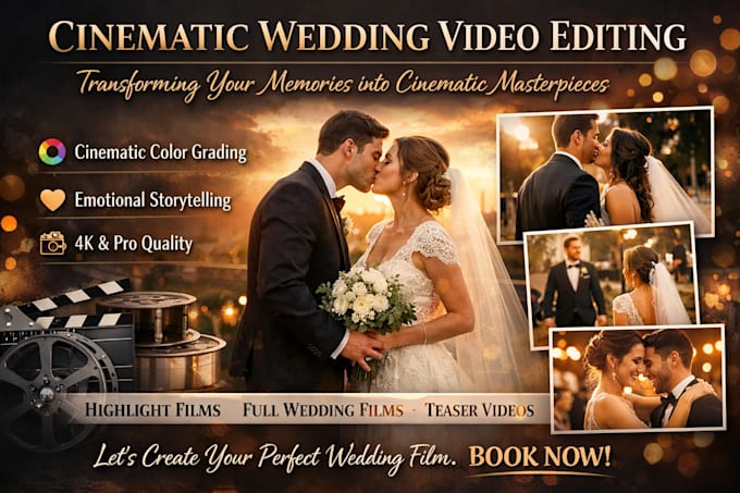 do cinematic wedding video editing, wedding video edit with cinematic touchup