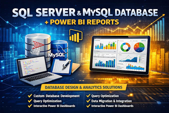design and develop your microsoft sql server database or power bi reports, mysql