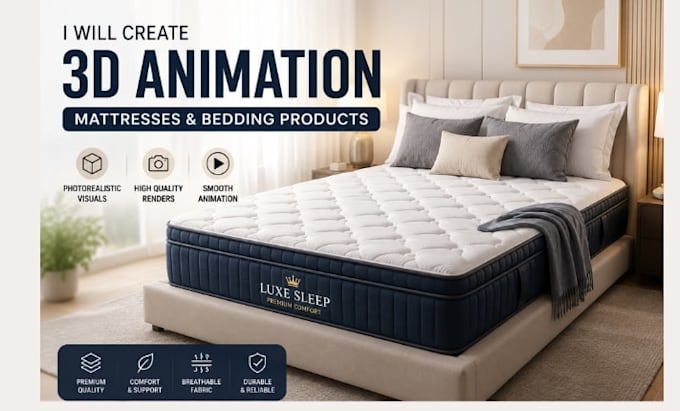 create photorealistic 3d mattress, bedding, and bed product animation