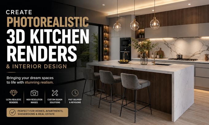 create photorealistic 3d kitchen renders and interior design