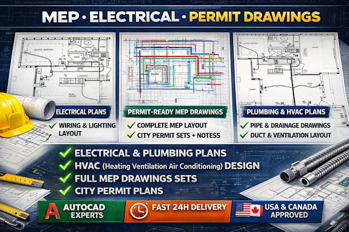 draw mep drawings, electrical plan, plumbing, hvac, floor plan for house permit