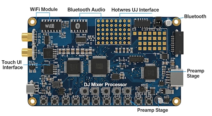 do pcb smart audio hardware for wifi, bluetooth, touch UI, dj mixer and preamps