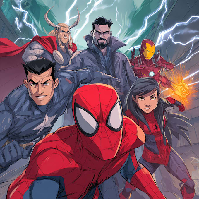 create  fantasy superhero action comic story illustrations