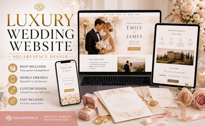 design a luxury squarespace wedding website with rsvp and registry
