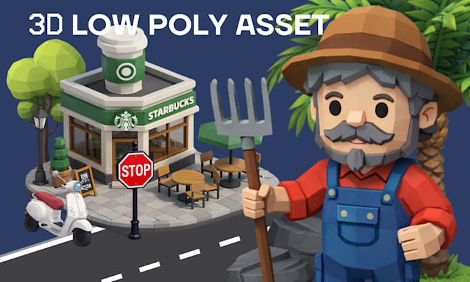 create 3d low poly props and environment for game assets unity and unreal engine