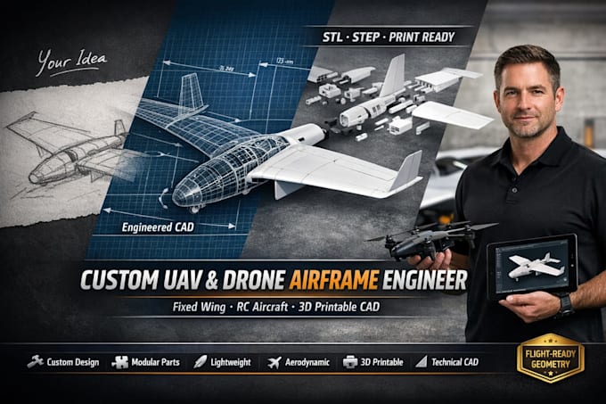 design fixed wing uav, drone fuselage, rc aircraft structure and aerodynamic