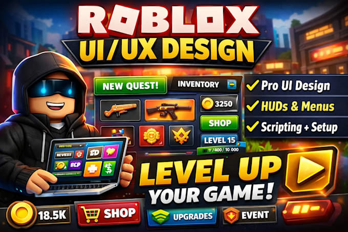 design professional roblox UI UX, game UI, animations, scripted interfaces